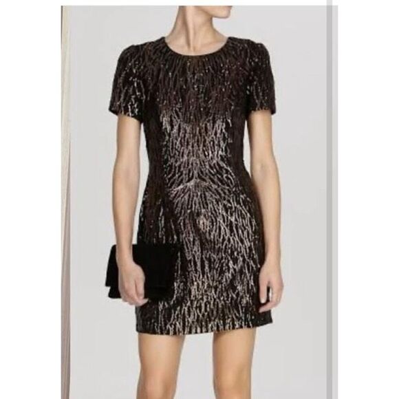 NWT Karen Millen Dazzling Black & Gold Sequin Cocktail Party Cocktail Shift Dres - Picture 1 of 9
